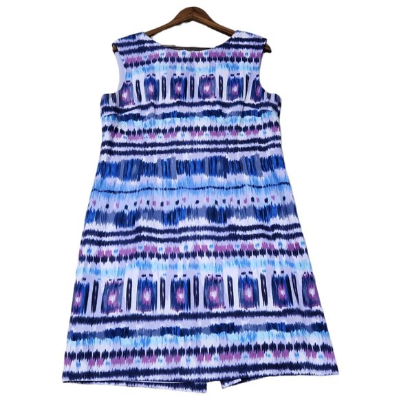 Tahari Asl Sleeveless Ikat Linen Rayon Blend Sheath Blue Purple Dress 14 - Picture 1 of 7